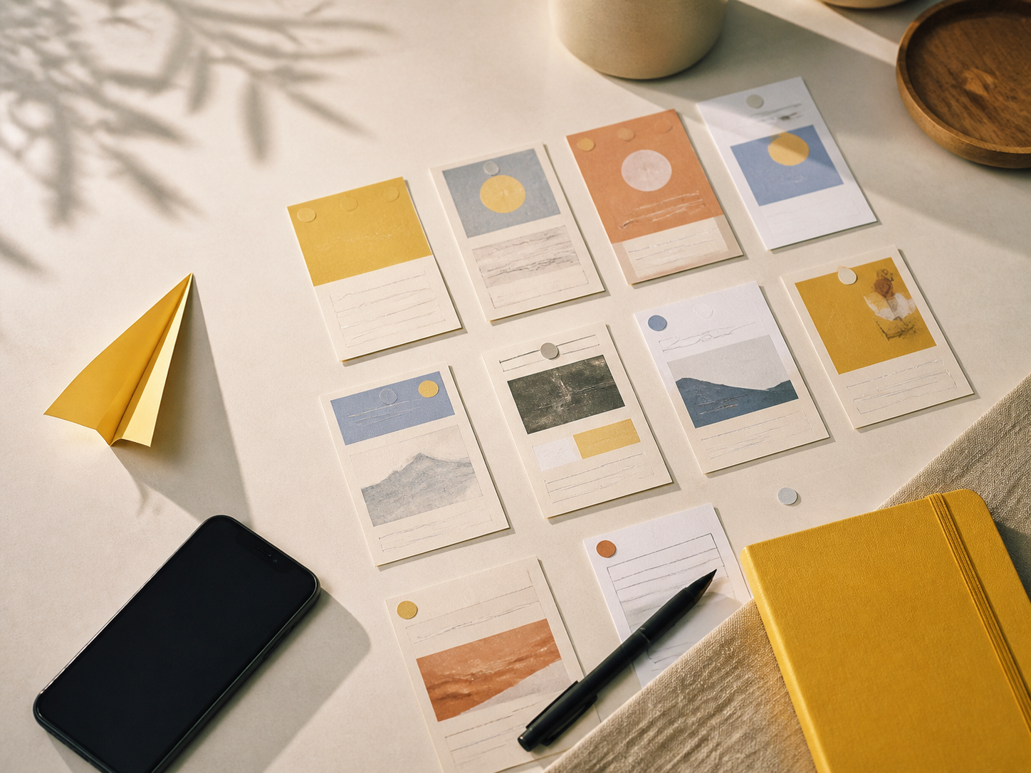 Overhead desk with abstract content cards, a phone and a folded paper aeroplane