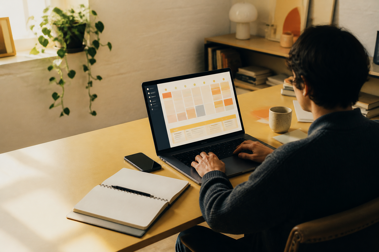 Creator planning a publishing calendar on a laptop at a warm desk