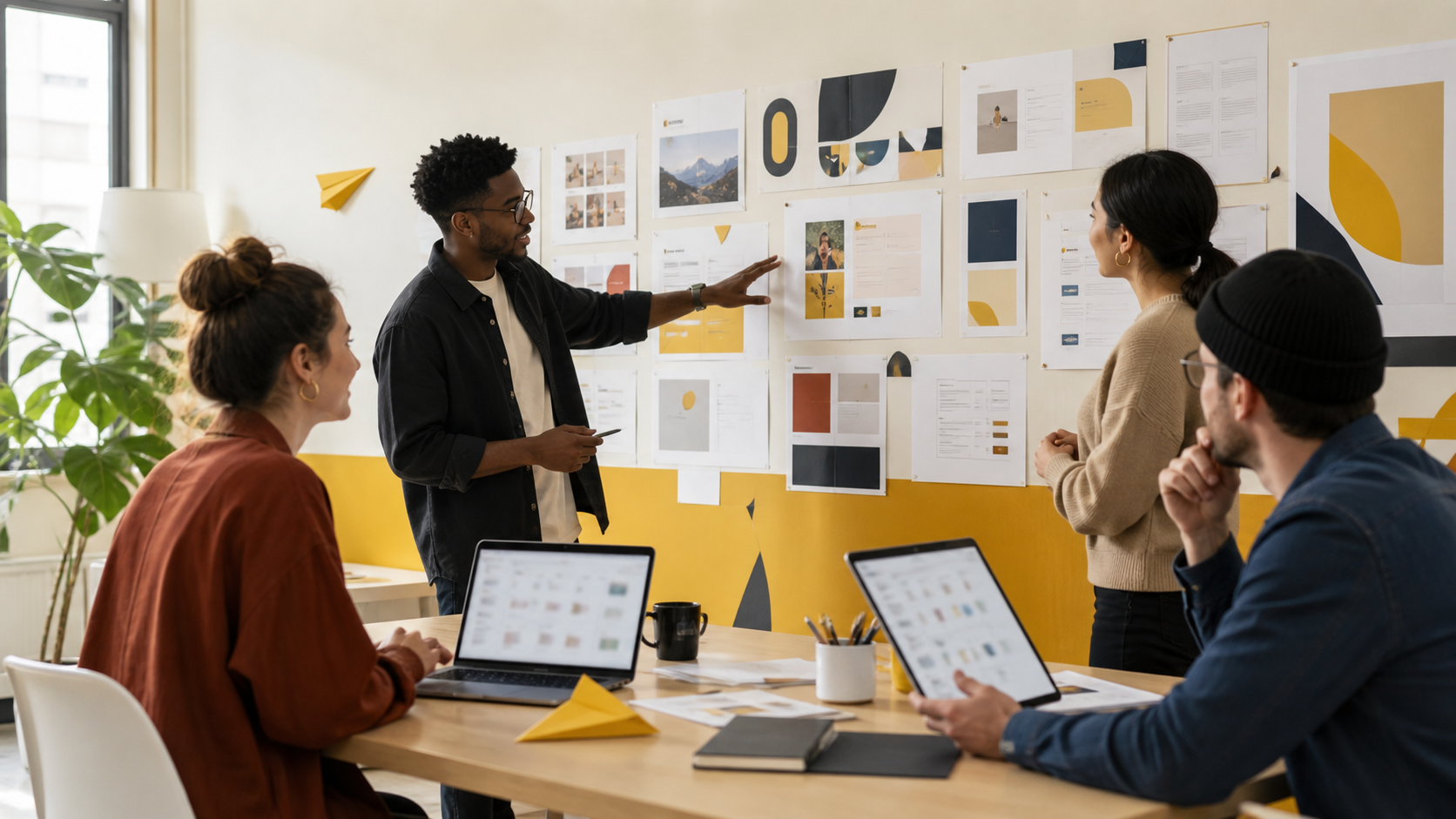 Small creative team reviewing abstract content plans together